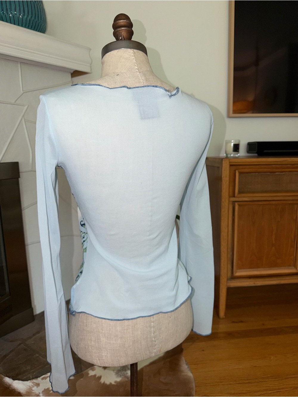 y2k Butterfly Script Long Sleeve Tee in Pale Blue & Green - Picture 3 of 4